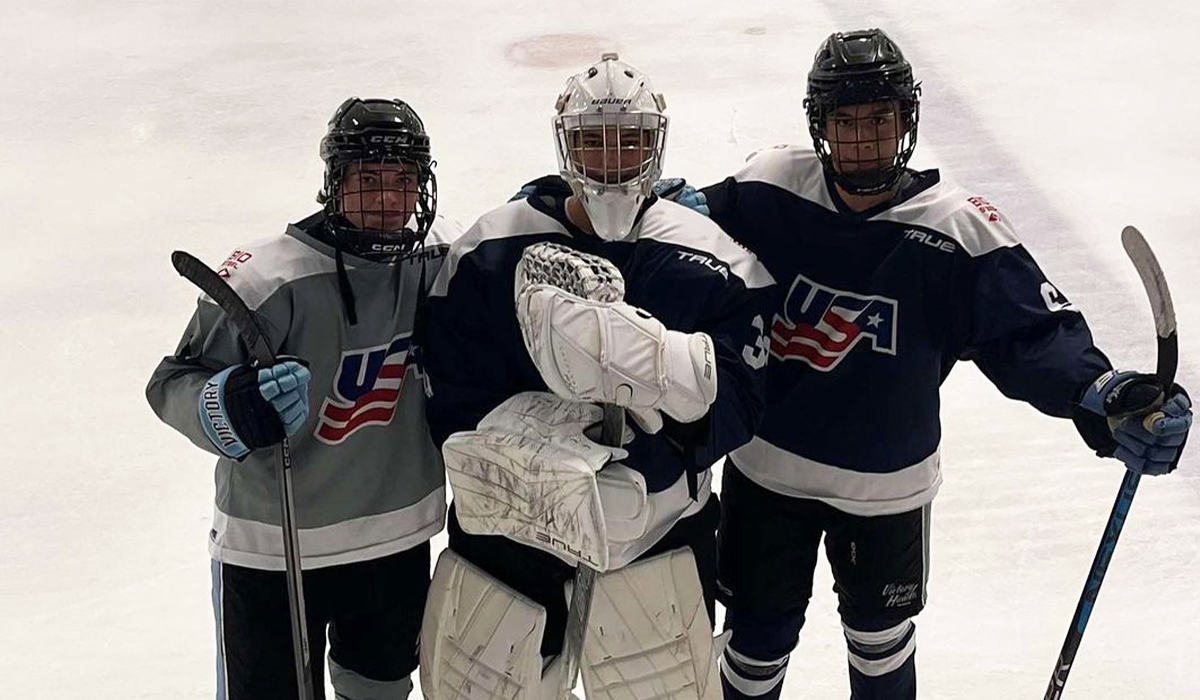 2007 Victory Honda hockey teammates Luc Plante, Wesley Jefferson-Swint and Tommy Spencer pose for a group photo at the 2023 USA Hockey-BioSteel Boys 16 Development Camp