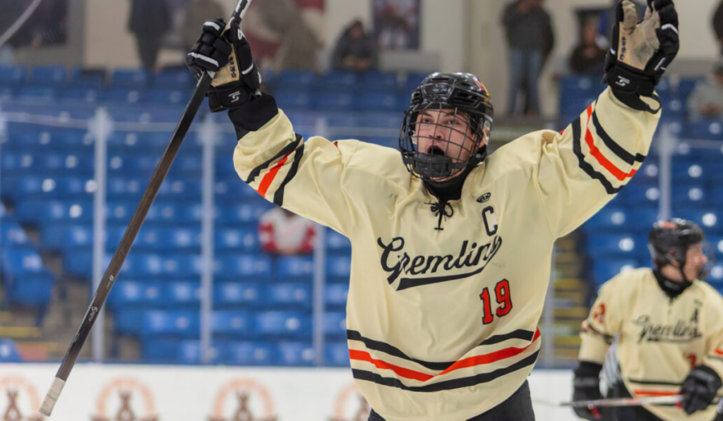 Connor Arko celebrates after a goal scored by Houghton hockey at the 2026 MHSAA State Playoffs.