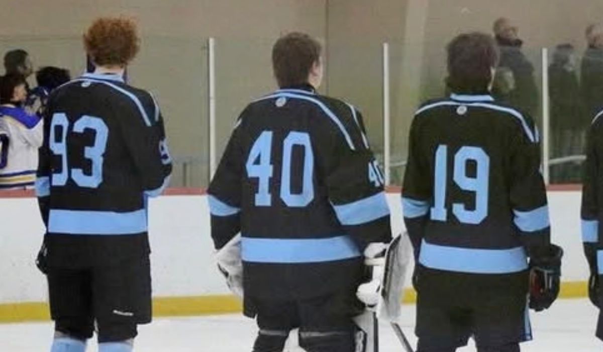 Defensive trio of Jake Rau (93, left), goalie Hunter Swing (40, middle) and Max Miller (19, right) makes Tri-Valley Thunder hockey the preseason favorite to win the Mid-Michigan Hockey Conference (MMHC).