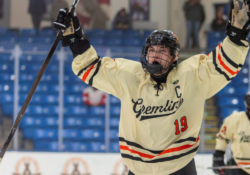 Connor Arko celebrates after a goal scored by Houghton hockey at the 2026 MHSAA State Playoffs.