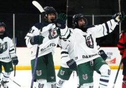 Chippewa Valley United hockey forward Caileb Peterson celebrates after scoring a goal