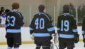 Defensive trio of Jake Rau (93, left), goalie Hunter Swing (40, middle) and Max Miller (19, right) makes Tri-Valley Thunder hockey the preseason favorite to win the Mid-Michigan Hockey Conference (MMHC).
